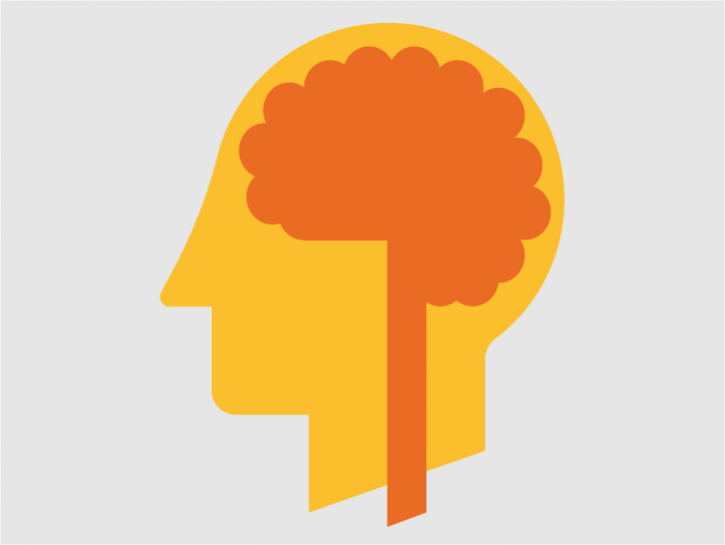 Sytlised head in profile with a brain cross-section depicting knowledge, thinking and learning.